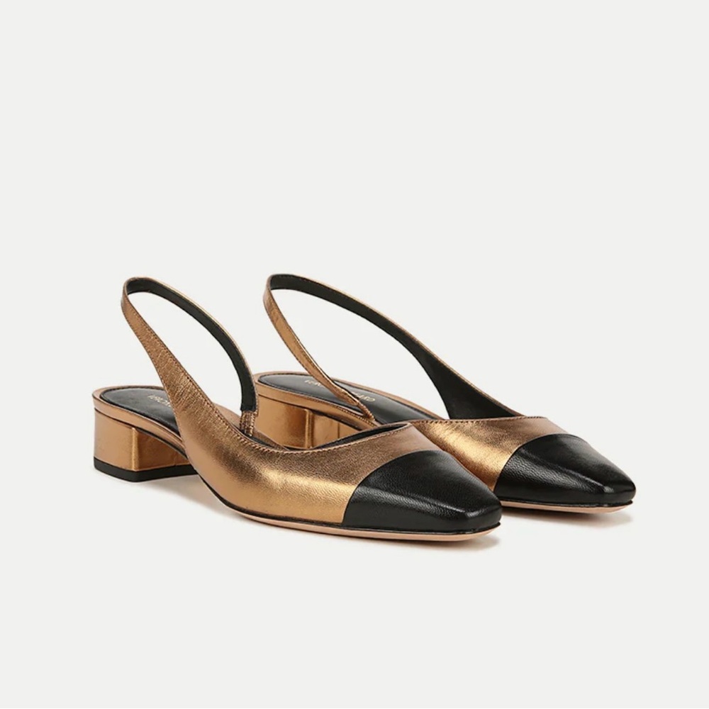 Veronica Beard Cecile Leather Cap-Toe Black and Gold Heels with Slingback Design